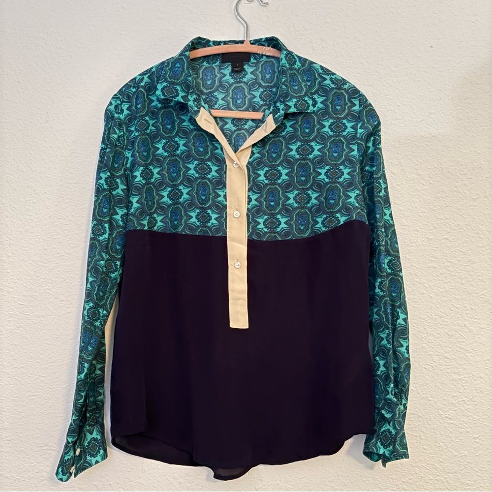 J.Crew Collection Paisley Blue and Teal and Green  silk blouse Size 4